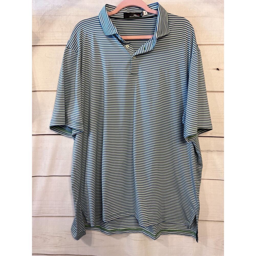 RLX Men's Performance Polo Size 2XL Green White Blue Stripes‎